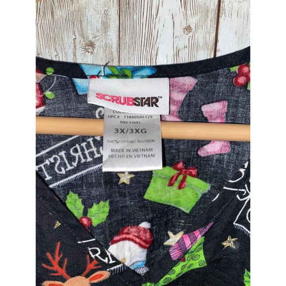 Scrubstar Top Womens 3X Black Merry Christmas Snowman Medical Nurse Uniform Top - Picture 7 of 9